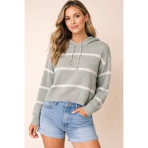 C&C California Women's L Linen Cotton Striped Hooded Sweater Green Lightweight